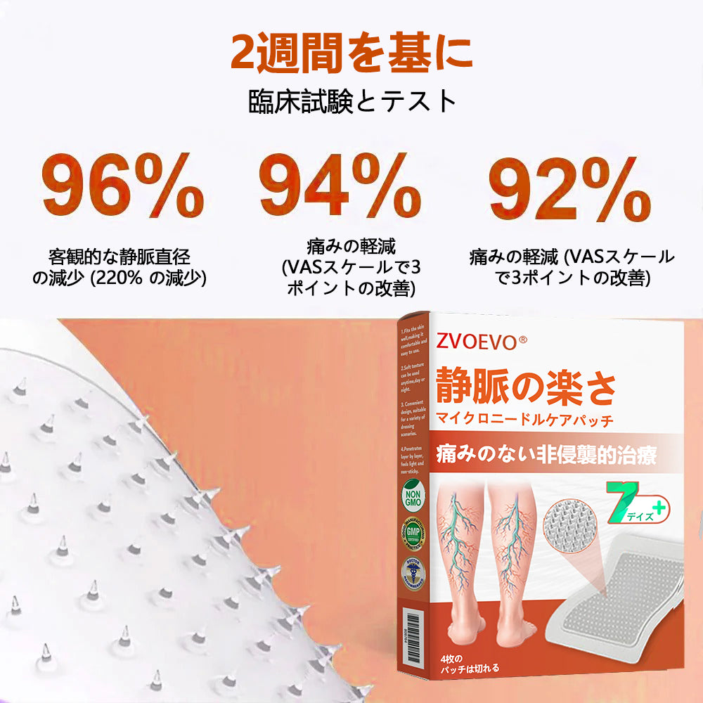 ☘️【厚生労働省認可・GMP準拠】Zvoevo® Vein Ease マイクロニードルケアパッチ（クモ状静脈・静脈瘤・むくみ・脚の疲れに）